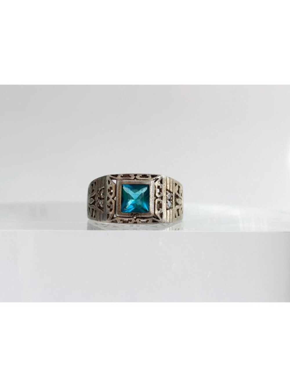 Blue Topaz Tapered Square Cut Cutout Sterling Silver 925 Vintage Ring - sz 9.5 - Picture 3 of 16